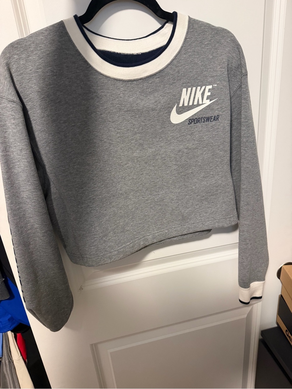Nike Grey and White Cropped Crewneck Sweatshirt